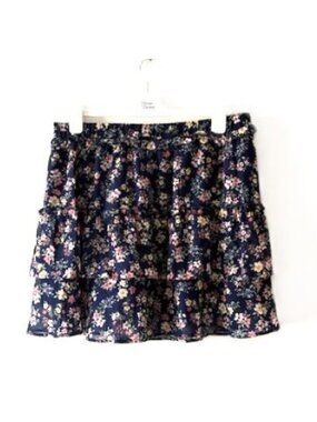 Allegra K Navy Blue Fully-Lined Floral Mini Skirt with Ruffle Hem